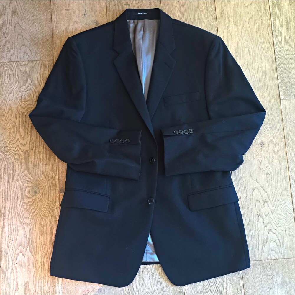 Calvin Klein 44R Mens Black Wool 2pc Suit Notch 2-Button 36x30 Pants